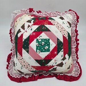 Handmade Christmas Patchwork Quilted Christmas Throw Pillow With Lace Ruffle